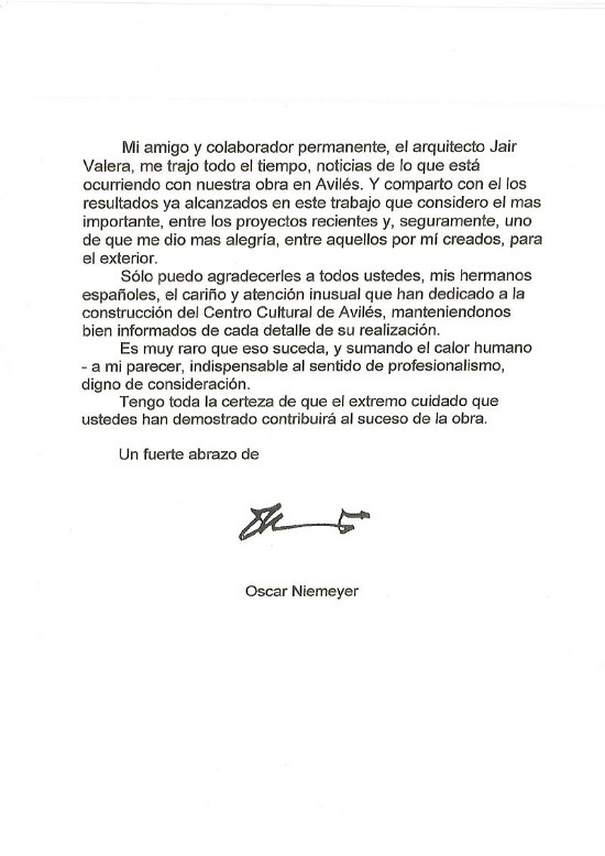 Carta de reconocimiento de don �scar Niemeyer